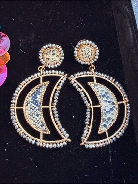 Gold-Tone Black and Silver Crescent Statement Earrings - Unbranded